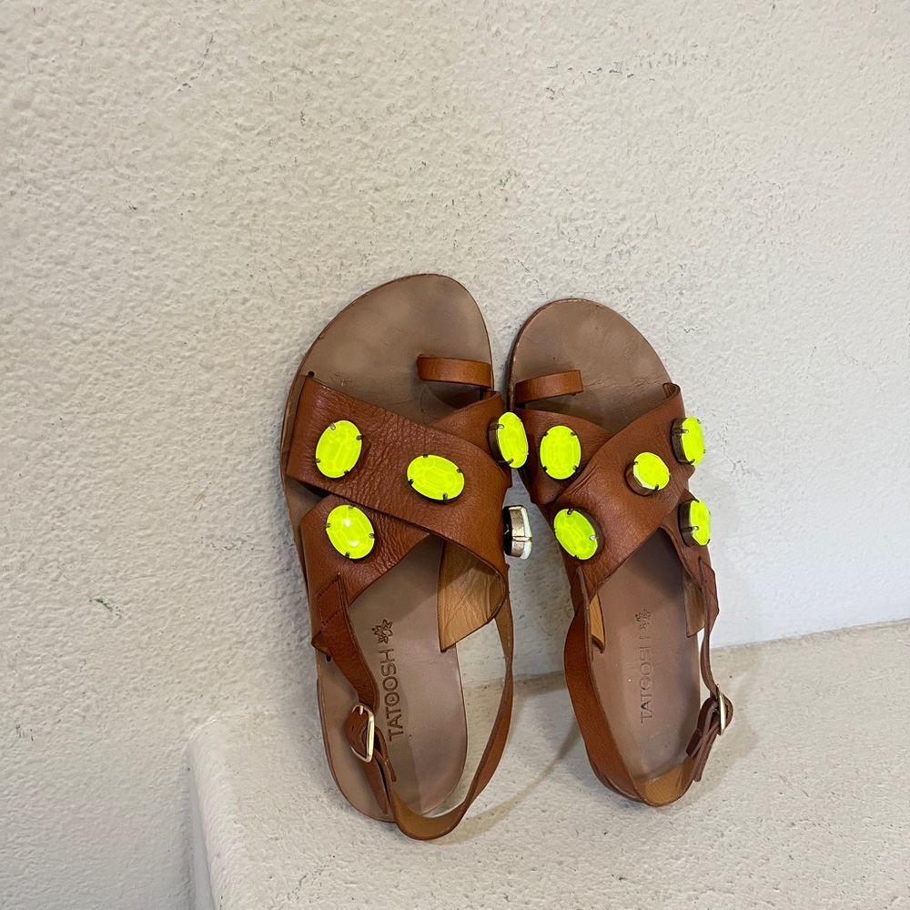 Tatoosh women 7 brown leather neon yellow embellishments sandals made in spain